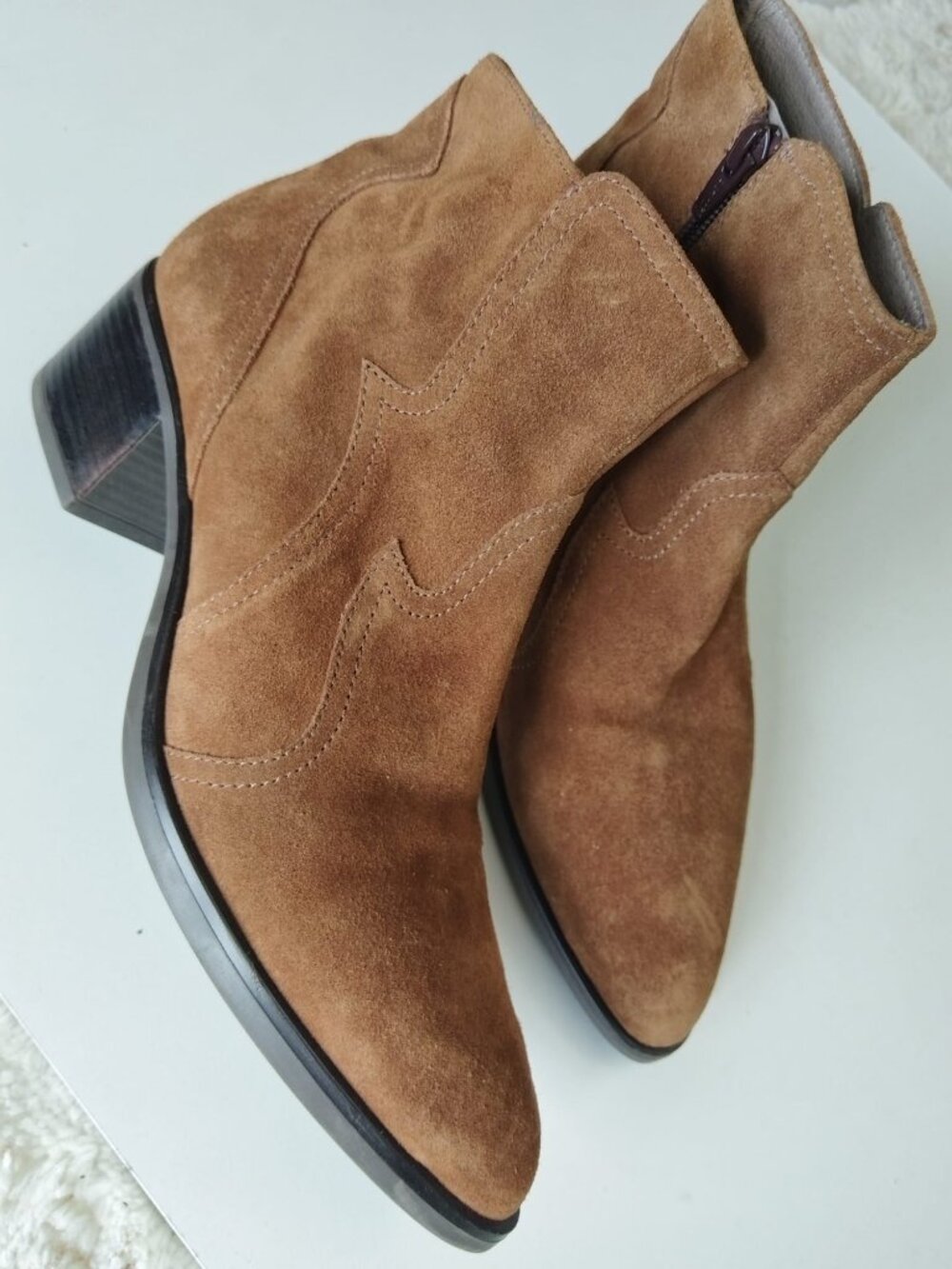 Ron White Italian Suede Ankle Boots Size 41 Brown Western Block Heel